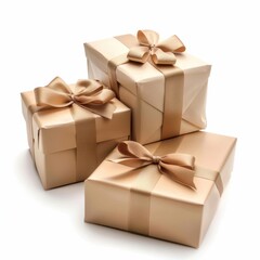 Obraz premium Isolated beige gift boxes for New Year and Christmas on clean white background, ready for cutout, mockups, and marketing visuals.