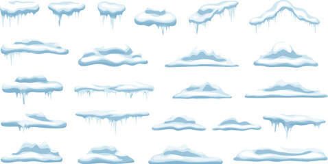 Snow caps collection, cartoon snow ledges, icy icicles, winter frozen elements, holiday game assets, arctic environment design, festive seasonal illustration set © YEIA