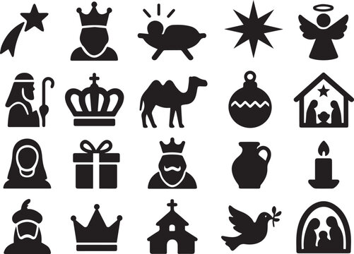 Set of christmas nativity scene icons isolated on white background collection of religious symbols like star, king, baby jesus, angel, and shepherd in silhouette style