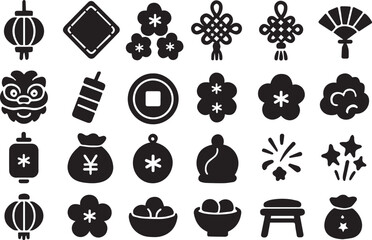 Collection of chinese new year icons isolated on white background includes lantern, knot, flower, coin, lion dance, firecracker, and other traditional elements