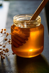 Honey jar and  honey dipper  on black  background