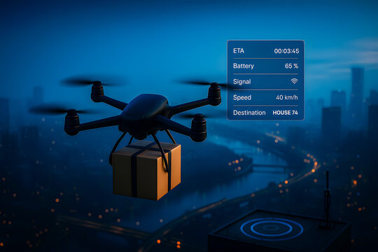 Delivery drone with HUD over city skyline carrying package at dusk - Powered by Adobe