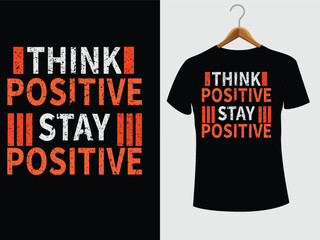 T shirt High impact headline type artwork Think Positive theme, sports style stripes.
