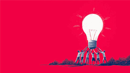In a vibrant red setting, a diverse group of people collaborates to elevate a large light bulb