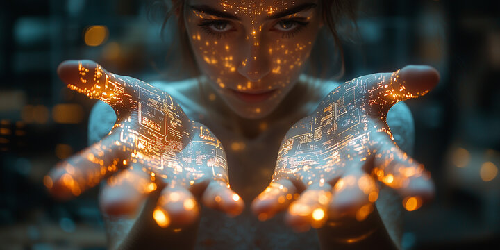 woman holding illuminated paper, warm brown and black tones, soft bokeh background, contemplative mood, suitable for website banner, social media header, inspirational presentation background