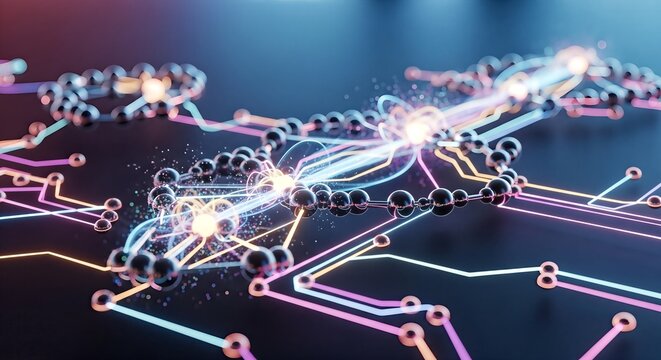 Futuristic visualization of a quantum network with glowing nodes and light trails representing data flow. - Powered by Adobe
