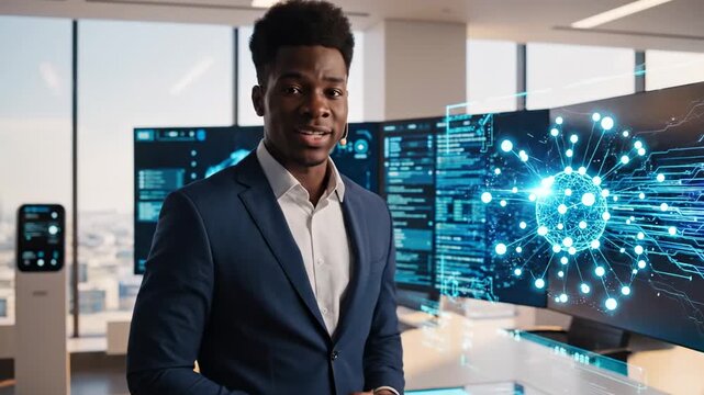 A Professional in a Modern Tech Environment Engaging with Interactive Digital Displays Showcasing Data Visualization and Intelligent Insights for Future Innovations.