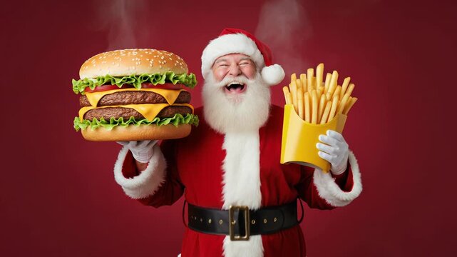 Santa Claus in red and white, holding burger and fries, smiles broadly against red background with steam, conveying joy and celebration, festive winter holiday spirit, Christmas