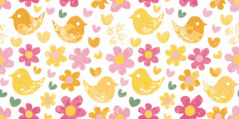 Charming seamless pattern with hand painted yellow birds pink flowers and hearts on white background