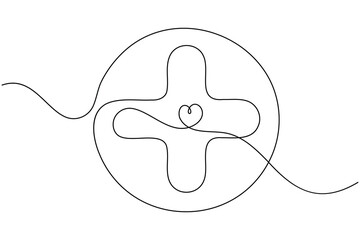 Medical cross continuous one line drawing on white background minimalist health symbol outline vector illustration