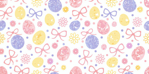 Seamless easter pattern with pastel colored eggs bows and flowers on a white background