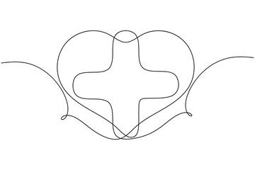 Medical cross continuous one line drawing on white background minimalist health symbol outline vector illustration