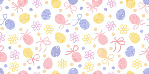 Seamless pattern of pastel easter eggs and flowers with bows on a white background