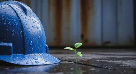 Hope amidst challenges. Construction safety helmet near sprouting plant conveys resilience, environmental consciousness, sustainable development. For eco-friendly industry campaigns.