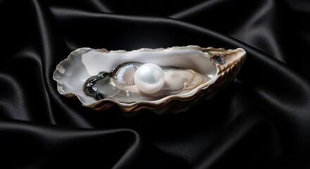 Oyster shell with pearl on black silk