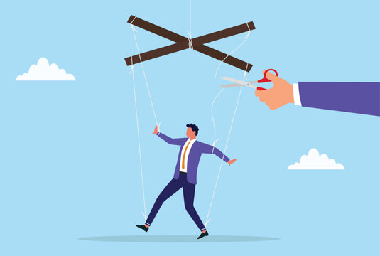 Vector illustration of a businessman being controlled like a puppet with strings while a hand cuts the strings with scissors, symbolizing freedom, independence, control, manipulation, self liberation