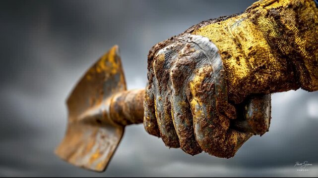 Horrifying monster hand with a shovel in a dark world.