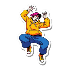Naklejka premium Energetic cartoon character in yellow hoodie and blue pants dancing sticker