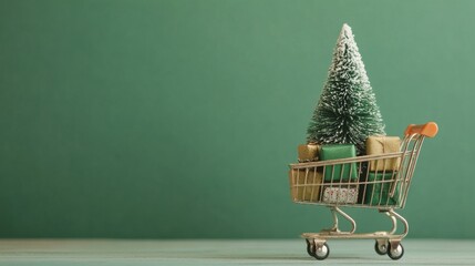 Small Christmas tree in a shopping cart with gifts for the holidays