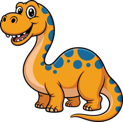 Cartoon dinosaur character, orange body, blue spots, smiling face, kids illustration, vector design, cute animal, educational content, prehistoric theme