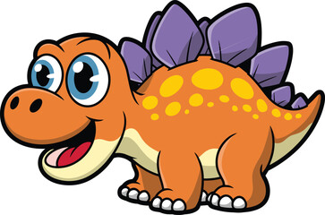 Cartoon dinosaur character, orange body, yellow spots, blue eyes, smiling face, vector illustration, kids content, prehistoric animal, digital artwork