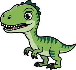 Cartoon green dinosaur, big eyes, sharp teeth, playful expression, vector illustration, kids content, prehistoric animal, digital artwork, friendly character