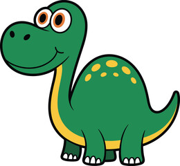 Cartoon green dinosaur, orange eyes, yellow stripe, friendly expression, vector illustration, kids content, prehistoric animal, digital artwork, cute character