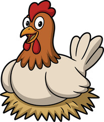 Cartoon hen sitting on nest, farm animal illustration, poultry character, vector clipart, children’s content, egg production, educational design