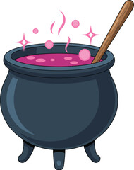 Cartoon magic cauldron, bubbling pink potion, fantasy witchcraft illustration, Halloween spell pot, enchanted liquid art, mystical boiling brew scene