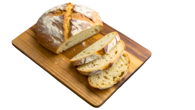 A rustic loaf of artisan bread, sliced and presented on a wooden board next to a colorful checkered cloth and wheat stalks
A rustic loaf of artisan bread, sliced and presented on a wooden board next t