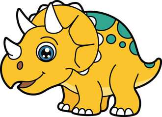 Cartoon triceratops dinosaur, yellow body, blue eyes, white horns, smiling face, kids illustration, vector design, prehistoric animal, digital artwork