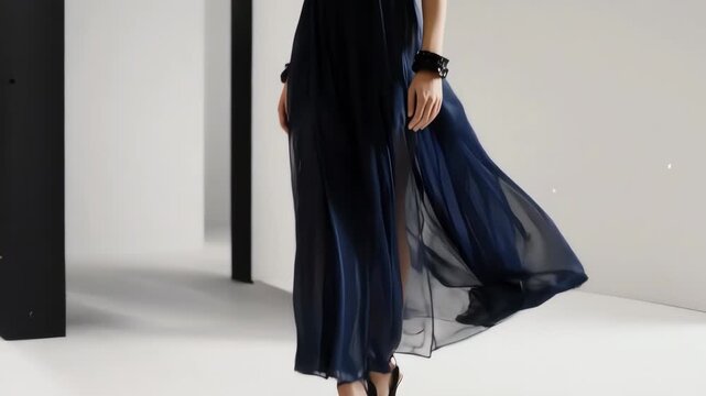 Elegant woman in a stylish flowing dress, embodying grace and sophistication 