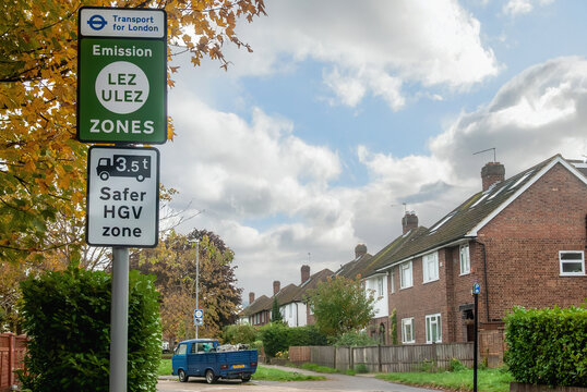 Ulez and Lez zones, Greater London, suburbs.Low emission zones in UK. England.