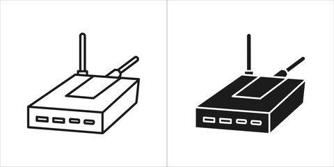 Wireless router or modem icon with antenna in outline and solid black