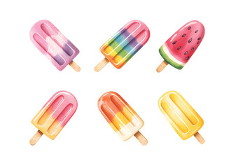 Watercolor popsicle illustration set for kids summer party decor. Ice-cream and popsicle vector illustration.