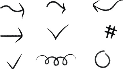 Collection of hand drawn arrows checkmarks and symbols on white background