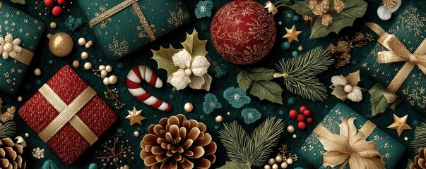 Fototapeta premium Festive Christmas decorations with gifts, ornaments, and seasonal greenery