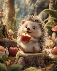 Cute Hedgehog Eating Apple in Magical Forest