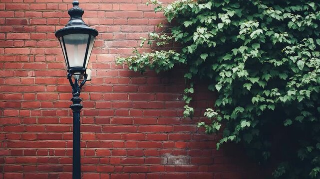 A single lamp post standing in front of a brick wall, useful for interior or exterior settings