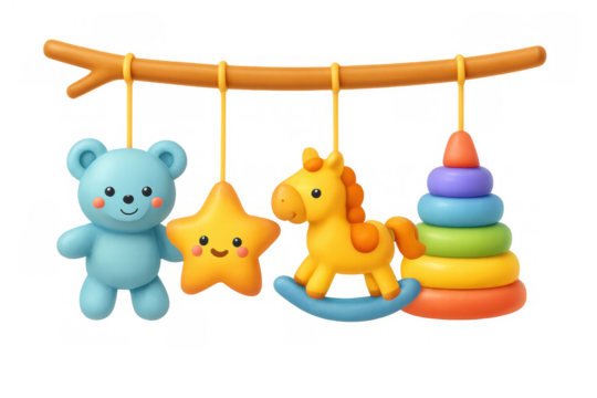 Hanging baby toys mobile featuring a bear, star, rocking horse, and stacking rings, representing childhood joy and play
