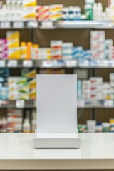 Pharmacy black friday display mockup for promotional design. Template, mock-up for pharmacy, drugstore, cosmetics store. Vertical banner. Copy space. White poster in farmacy