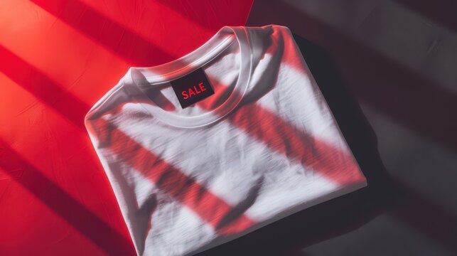 Minimalist black friday sale concept with white t-shirt and dramatic lighting for retail promotion design. Holiday template, mock-up for stores, shopping centers. Horizontal banner. Copy space