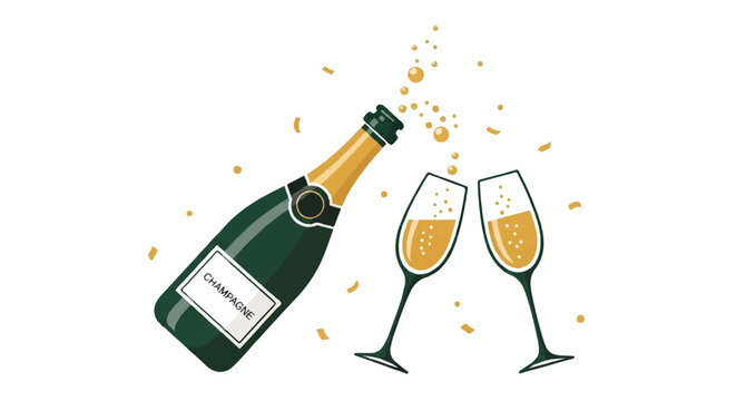 An illustration of a champagne bottle pouring sparkling wine into two glasses with golden confetti for a celebration.