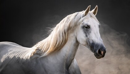 Fototapeta premium A Majestic White Horse Rears Gracefully Against A Solid Backdrop Showcasing Its Strength And Elegance