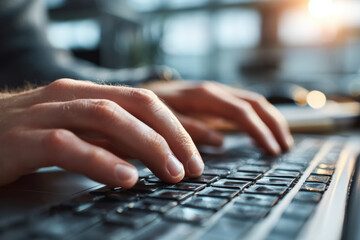 Close-up of human hands typing quickly on a laptop keyboard. This image captures digital work, online communication, and business productivity in a modern, professional setting with soft light.