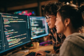 Young Asian programmers diligently work together, focusing on complex colorful code displayed on a computer screen in a modern, dimly lit tech office.
