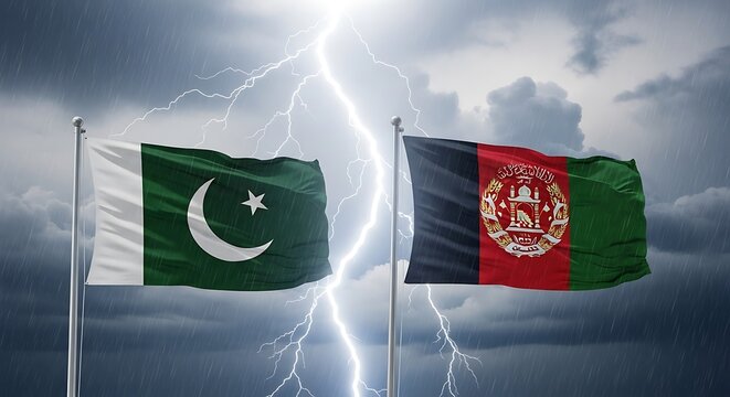 Flags of pakistan and afghanistan waving in the wind with lightning in a stormy sky background