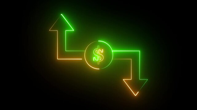 Neon Dollar Sign with Up and Down Arrows Fluorescent Glow Finance Growth Decline Concept glowing