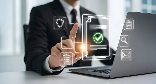 Professional using secure digital document management system for compliance and workflow automation on laptop, representing modern business solutions