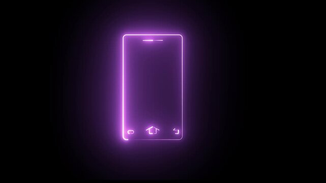 Glowing purple neon smartphone outline with home button and navigation icons on black background
